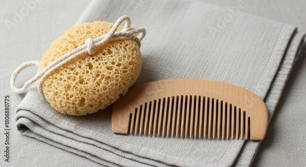 Obraz Still life of bath sponge and wooden comb on folded gray linen towel