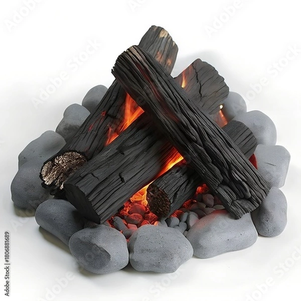 Obraz Realistic Campfire with Burning Logs and Stones – Cozy Fire Pit Scene
