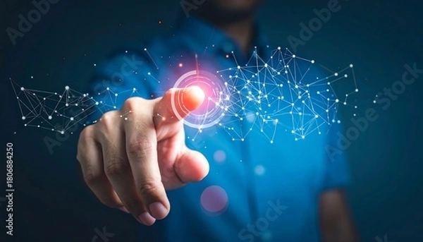 Fototapeta Unlock the Future Innovative technology with a single touch, connecting networks and driving digital transformation with ease and sophistication