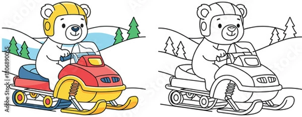Fototapeta Coloring book page vector illustration of a cute cartoon polar bear riding a snowmobile in a winter landscape with pine trees for kids activity.
