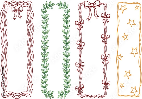 Fototapeta A collection of four hand-drawn decorative vertical frames featuring ribbons, bows, leafy vines, and stars, perfect for invitations or announcements
