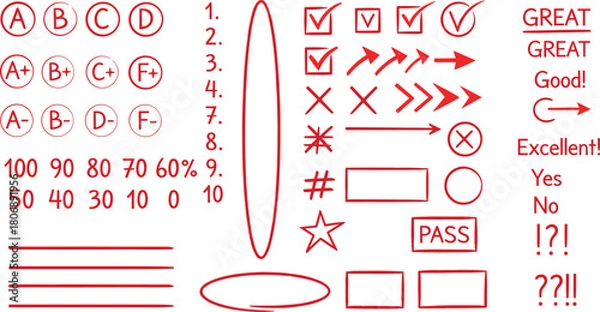Fototapeta Comprehensive set of red evaluation and grading marks, including academic scores, checkmarks, crosses, arrows, and various feedback symbols, essential for educational assessments
