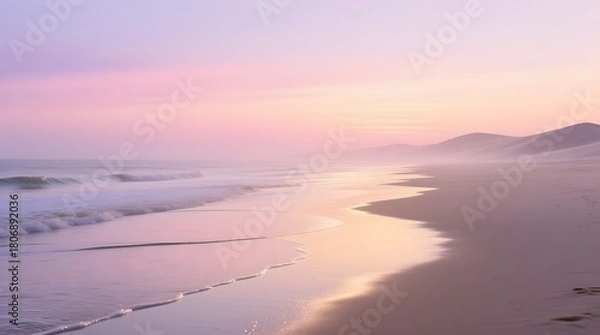 Obraz Serene Beach Landscape with Soft Pastel Colors at Sunrise