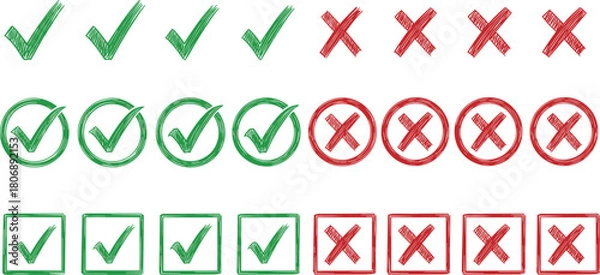 Fototapeta A collection of hand-drawn green checkmarks and red cross marks. This set includes symbols inside circles and squares, featuring a watercolor brush stroke texture