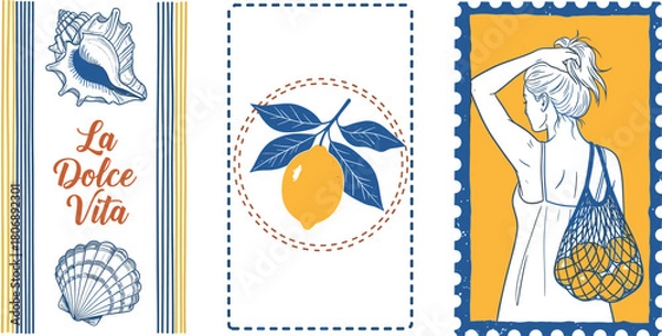 Fototapeta La Dolce Vita Lemon and Seashells Illustration Collection with Woman Carrying Oranges in Mesh Bag