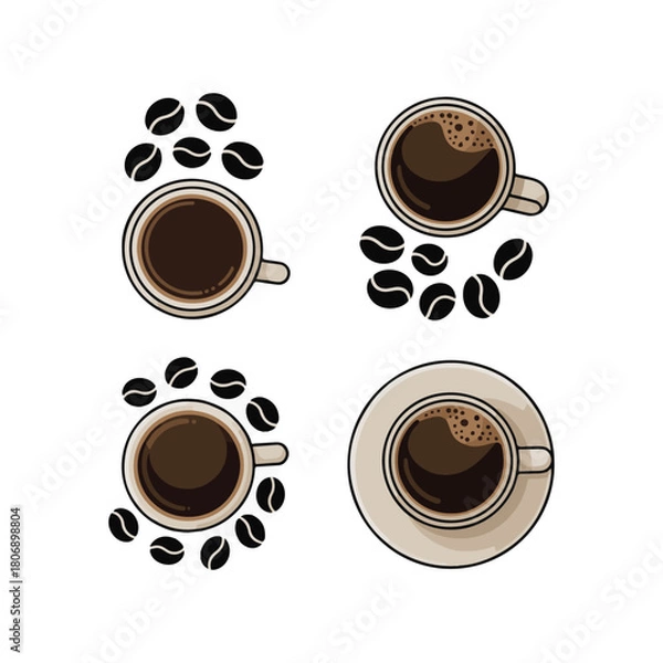 Fototapeta Four overhead views of coffee cups with scattered coffee beans drink beverage