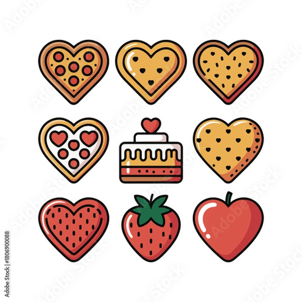 Fototapeta Heart shaped cookies pizza cake strawberry apple icons flat design vector