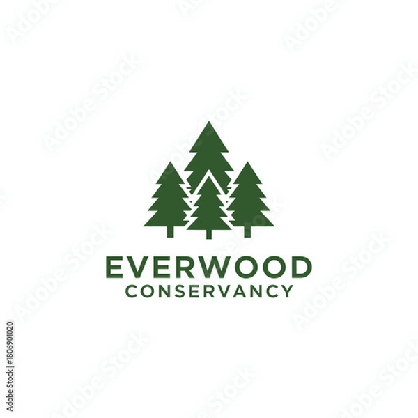 Fototapeta Logo features a group of stylized pine trees above text "Everwood Conservancy" in green