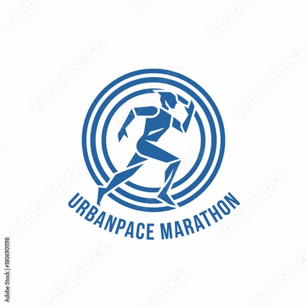 Fototapeta Blue stylized runner in a circle, with text. Running event logo, urban pace theme