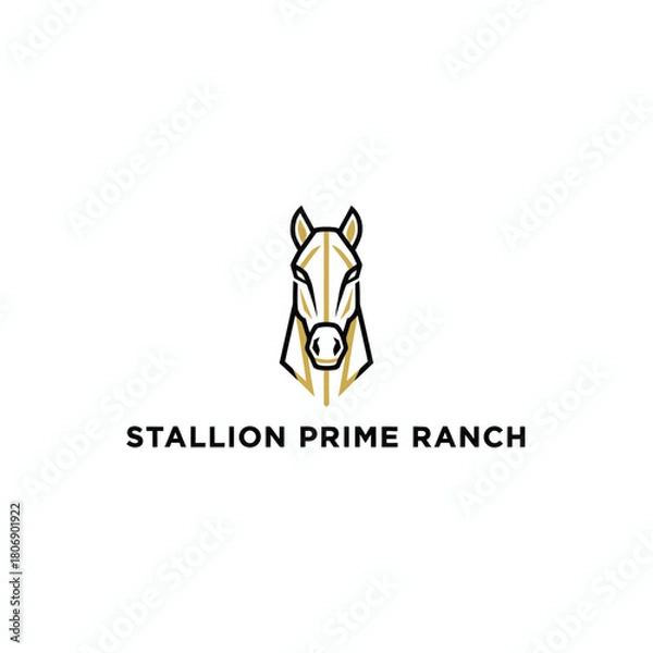 Fototapeta A horse head logo with black and gold lines above text. The head is minimalist and symmetrical