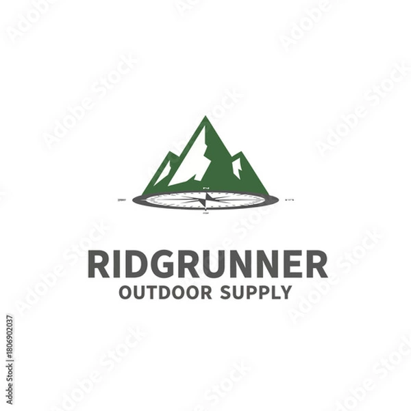 Fototapeta A logo shows green mountains above a compass with text beneath. It suggests adventure and supply
