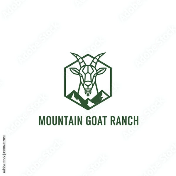 Fototapeta A geometric goat head within a hexagon, atop mountain silhouettes, text below