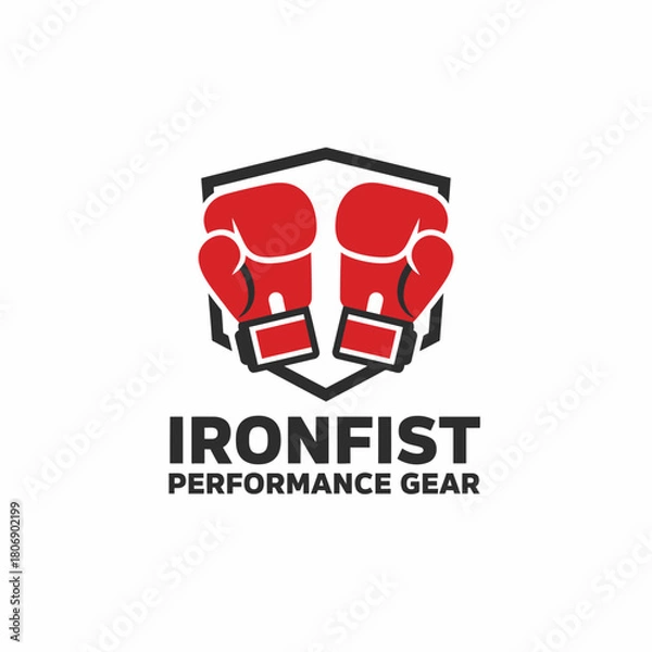 Fototapeta A logo shows red boxing gloves within a black shield, with text below reading "Ironfist Performance Gear
