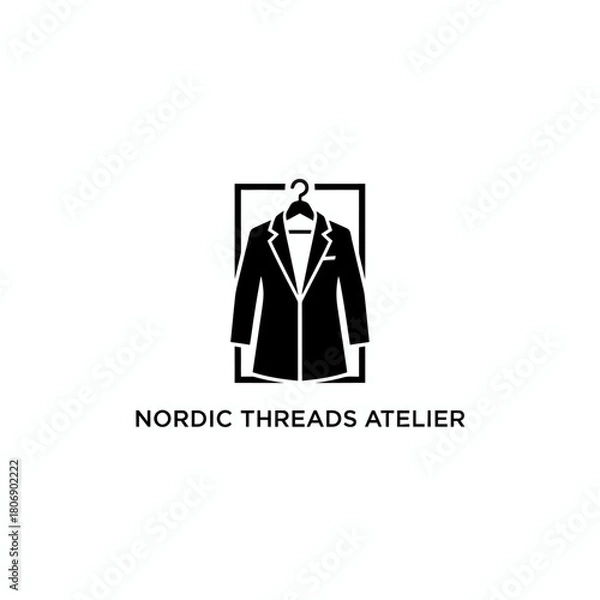 Fototapeta A black and white logo with a suit on a hanger inside a frame, with text below