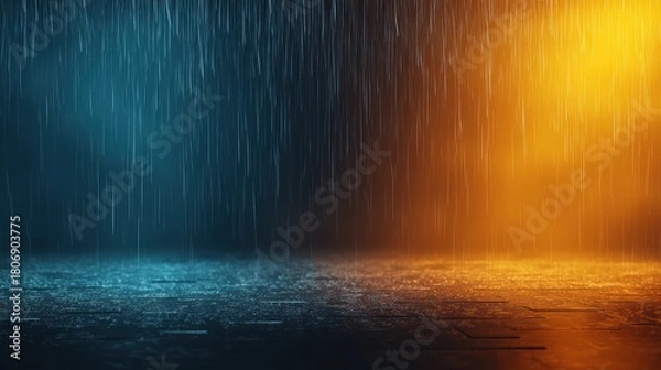 Fototapeta dramatic scene with rain falling, featuring contrasting blue and orange lighting, creating a moody atmosphere on a reflective surface.