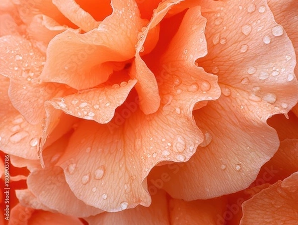Obraz close-up of soft, peach-colored flower petals adorned with droplets of water, showcasing delicate textures and natural beauty.