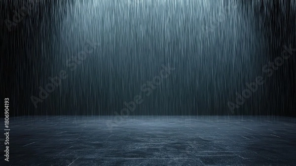 Obraz serene scene of rain falling against a dark background, creating a calming atmosphere with reflections on a textured surface.