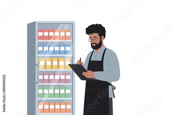 Obraz Retail worker taking inventory, writing on a clipboard next to a refrigerated store shelf.