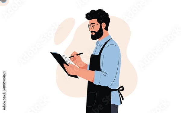 Fototapeta Bearded service worker in an apron writing on a clipboard, flat vector illustration isolated on white.