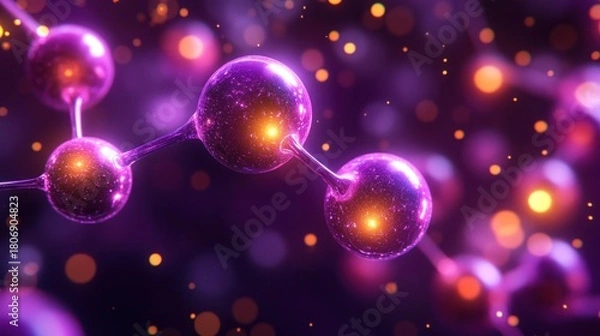 Obraz Abstract Molecular Structure with Glowing Purple Spheres and Bokeh Lights.