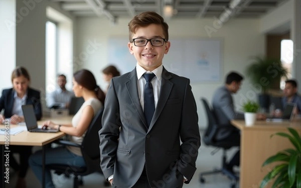 Obraz A young boy dressed in a smart suit exudes confidence amid a bustling office with adults engaged in various tasks, showcasing ambition and poise. High quality