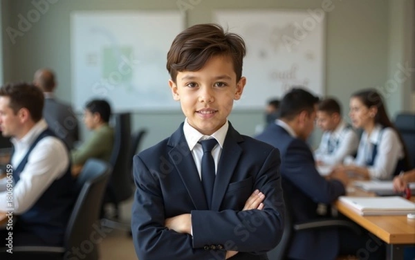 Fototapeta A young boy dressed in a smart suit exudes confidence amid a bustling office with adults engaged in various tasks, showcasing ambition and poise. High quality