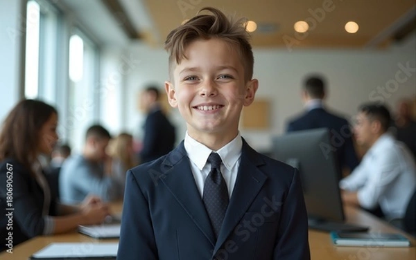 Fototapeta A young boy dressed in a smart suit exudes confidence amid a bustling office with adults engaged in various tasks, showcasing ambition and poise. High quality