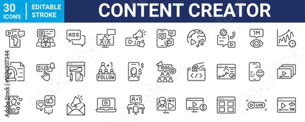 Fototapeta Content creator line web icons. media, content, podcast, blogger, live streaming, social network. Editable stroke. Vector illustration
