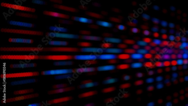 Fototapeta Close up blurred and softy bokeh of blue-red color from LED lighting on stage. Background for digital data transformation, energy saving, sci-fi technology concept.