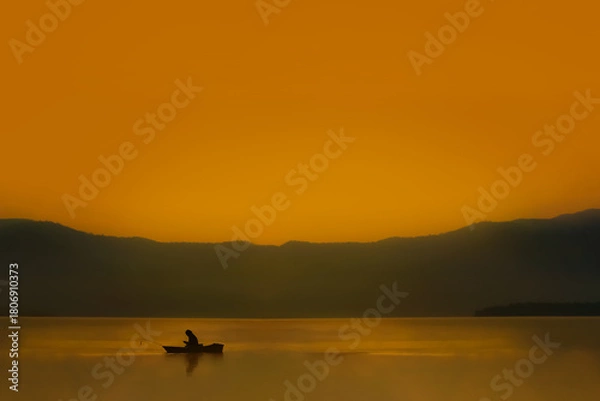 Fototapeta Silhouette fishing man sit in his boat and looking smart phone with sunrise sky and selective focus. Background for weekend hobbies, travel business, recreation and relaxation after working hard.