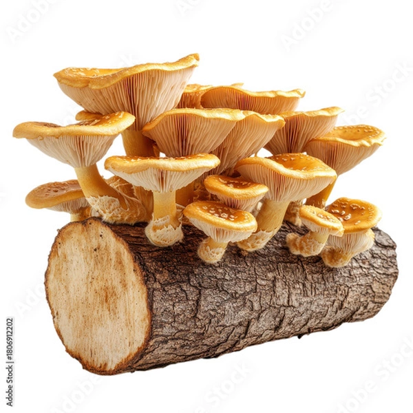 Fototapeta Mushrooms on a tree log on transparent background