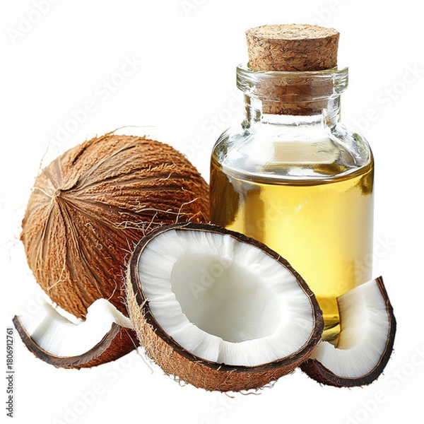 Fototapeta Coconut oil and coconuts on transparent background