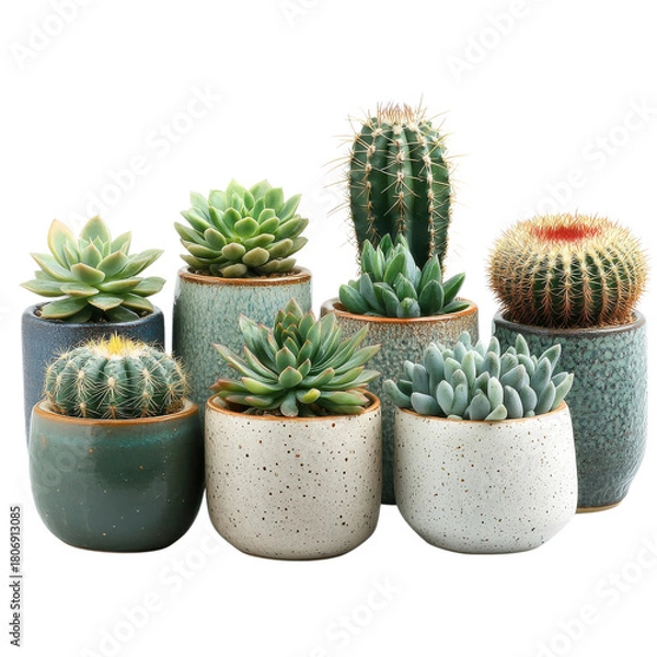 Fototapeta Succulents and cacti pots on transparent background