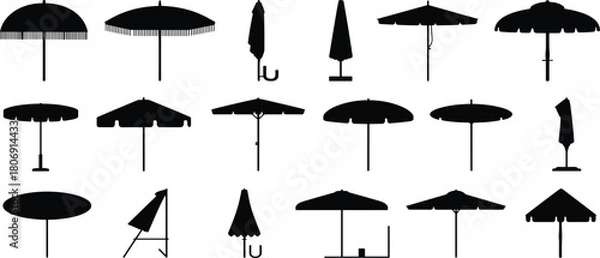 Fototapeta Umbrella and parasol silhouette illustration set, closed and open icons, beach and patio graphic, rain symbol, shade design