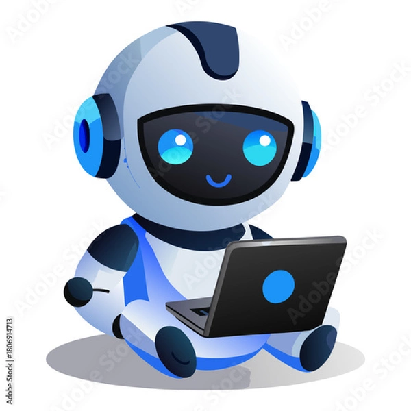 Obraz Cute robot with laptop