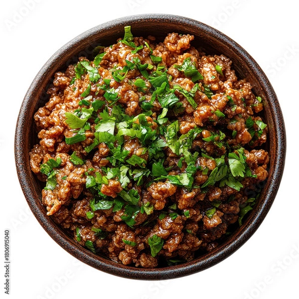 Fototapeta Minced meat with herbs on transparent background