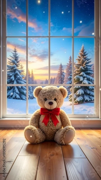 Fototapeta Portrait of Teddy Bear in Window with Snowy Forest View and Sunset Sky