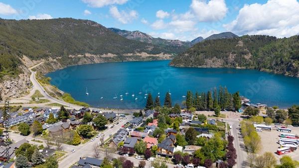 Fototapeta Aerial view of the city of "San Martin de los Andes", Neuquen, Argentina. (Route of the 7 Lakes)