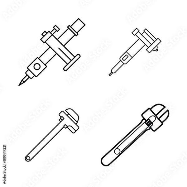 Fototapeta Four line art illustrations of plumbing and mechanical tools wrench pipe