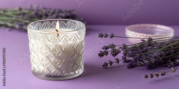 Obraz Elegant lavender aromatherapy candle burning bright, creating a soothing and calm atmosphere for self care and spa relaxation with purple background