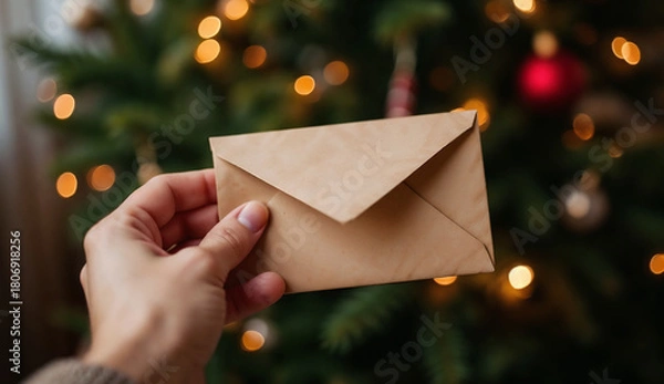 Obraz Hand holding brown envelope with Christmas tree background
