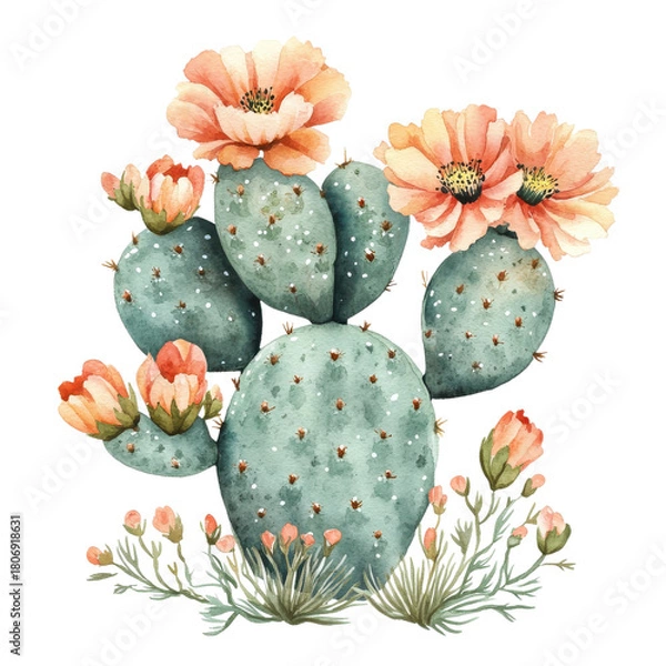 Fototapeta Cactus with peach blooms on transparent background