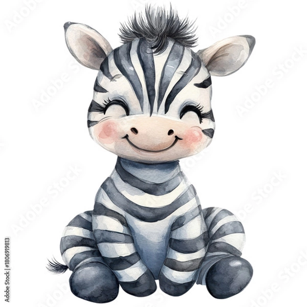 Fototapeta Cute zebra sitting down on transparent background