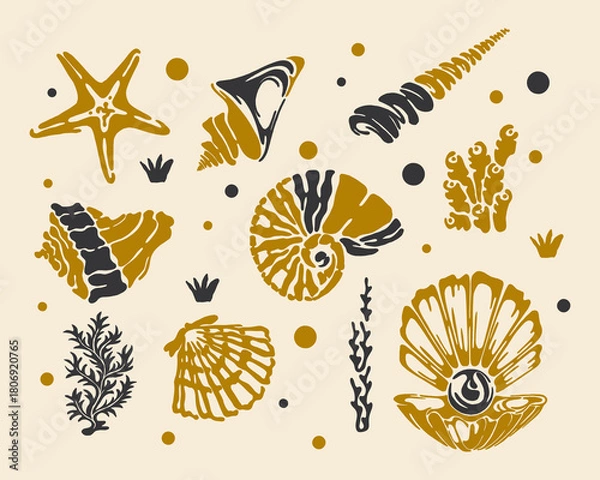 Fototapeta Nautical marine life pattern scallop shell reef background layout textile print art editable