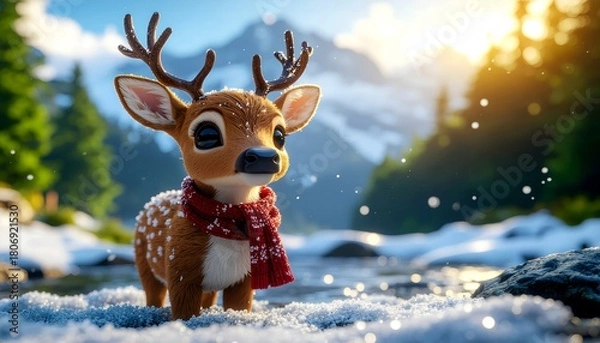 Fototapeta Adorable Fawn or Reindeer Calf Wearing Red Scarf Standing by a Snowy River in the Mountains, Bright Sunlight and Falling Snowflakes.
