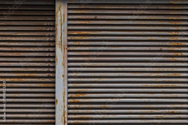 Fototapeta Background of old rusty and dust metal shutter doors in the abandoned gas station.