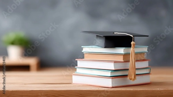 Fototapeta A black graduation cap with a gold tassel rests on a stack of colorful books placed on a wooden surface representing the culmination of studies and the pursuit of knowledge