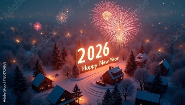 Obraz Happy New Year 2026 fireworks over snowy winter village at night