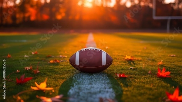 Obraz American football on field with autumn leaves at warm sunset
