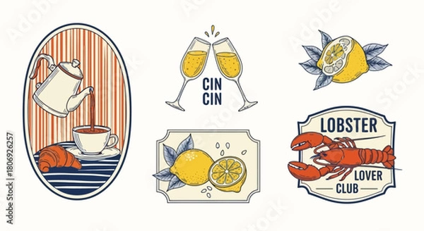 Fototapeta Retro Food and Drink Illustrations Lemon, Lobster, Coffee, and Toast with Vintage Labels